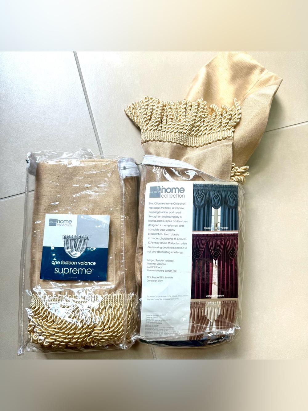 👑 Lot 2 JCP Supreme gold festoon fringed valance NIP vintage VHTF window USA